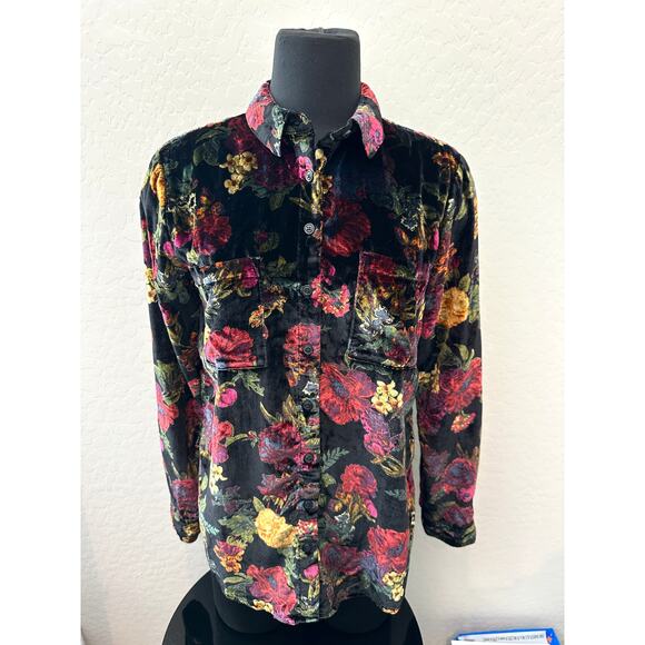 ANTHROPOLOGIE | Pilcro Velvet Button Down Shirt Black Red Floral Blouse | XS - Picture 2 of 7